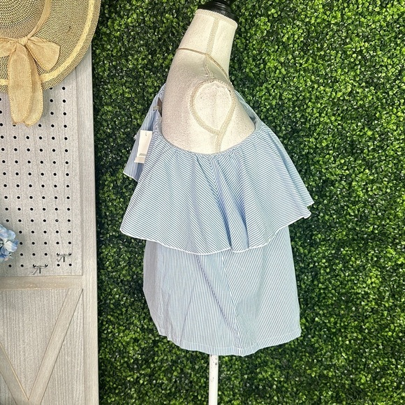 Nwt ANN TAYLOR LOFT BLUE & WHITE Pin STRIPED RUFFLED TOP ONE SHOULDER nwt - Picture 6 of 9